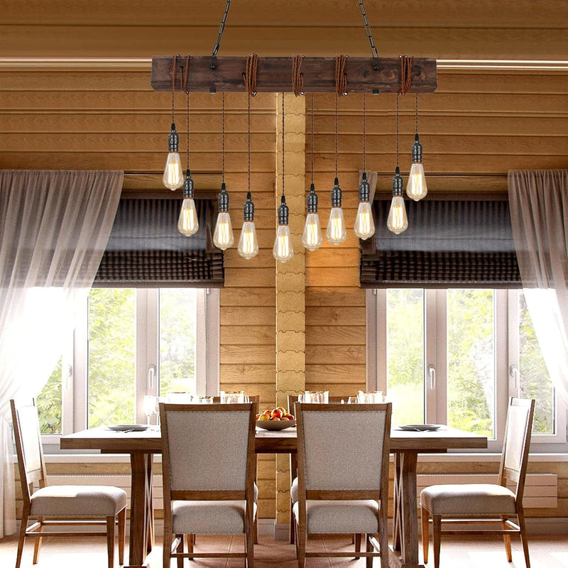 10-Lights Farmhouse Kitchen Island Pendant Light Rustic Wood