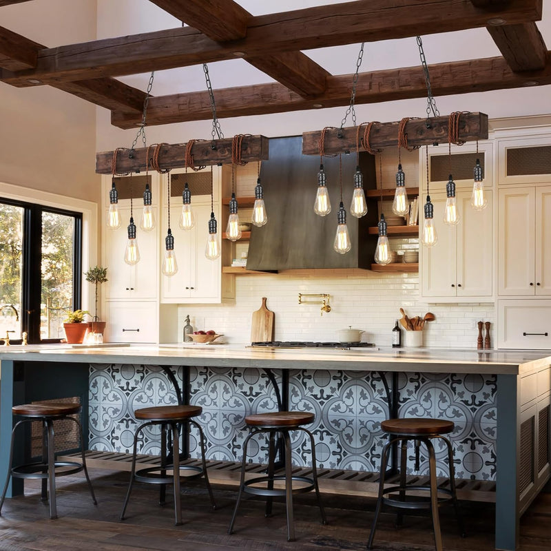 10-Lights Farmhouse Kitchen Island Pendant Light Rustic Wood