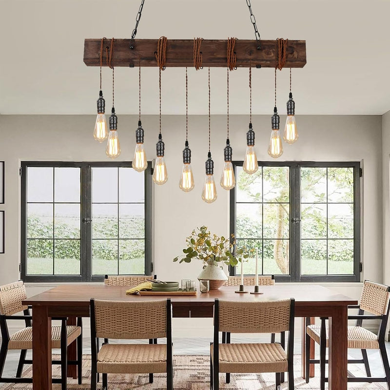 10-Lights Farmhouse Kitchen Island Pendant Light Rustic Wood