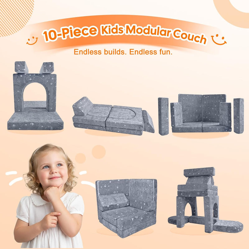 10-Piece Kids Play Sofa Modular Glow Couch Dinosaur