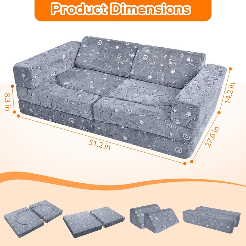 10-Piece Kids Play Sofa Modular Glow Couch Dinosaur