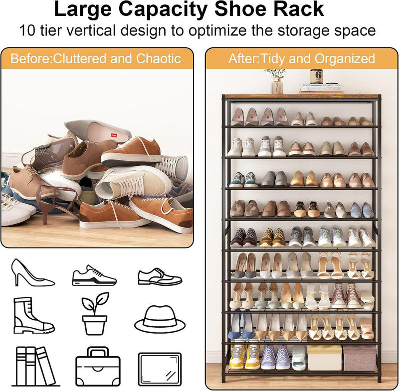 10-Tier Industrial Shoe Rack Organiser for 36-40 Pairs