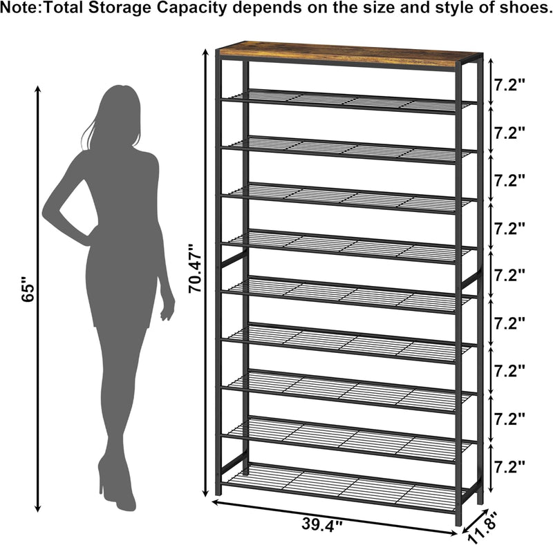 10-Tier Industrial Shoe Rack Organiser for 36-40 Pairs