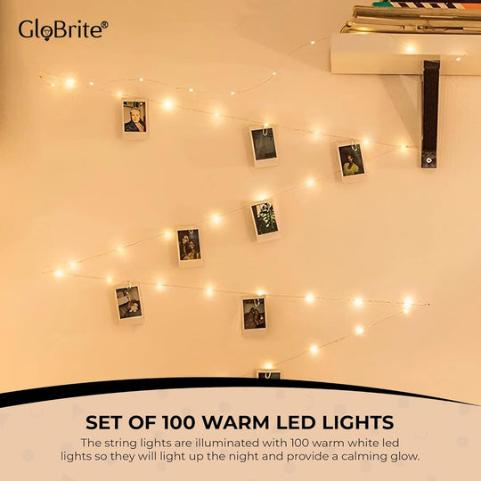 100 LED Battery Fairy Lights W Photo Pegs