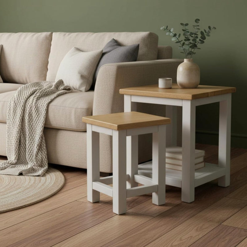 100% Oak Top Side Table Painted End Nightstand (Set of 2)