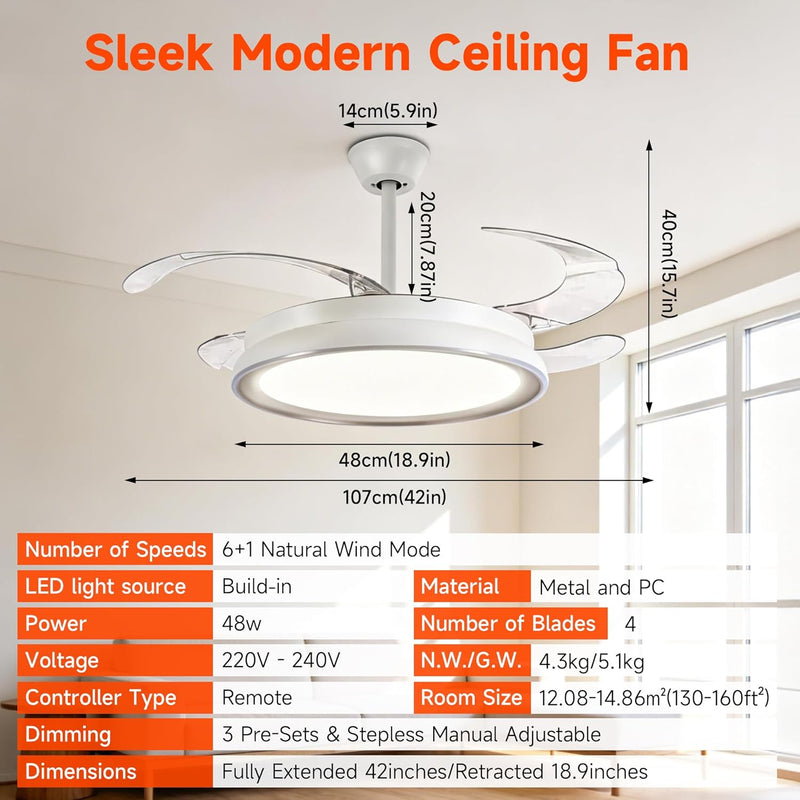 107CM Retratable Ceiling Fan with Lights Remote 6