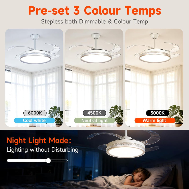 107CM Retratable Ceiling Fan with Lights Remote 6