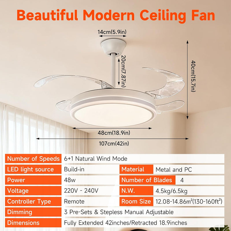 107CM Retratable Ceiling Fan with Lights Remote 6