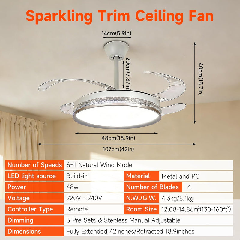 107CM Retratable Ceiling Fan with Lights Remote 6