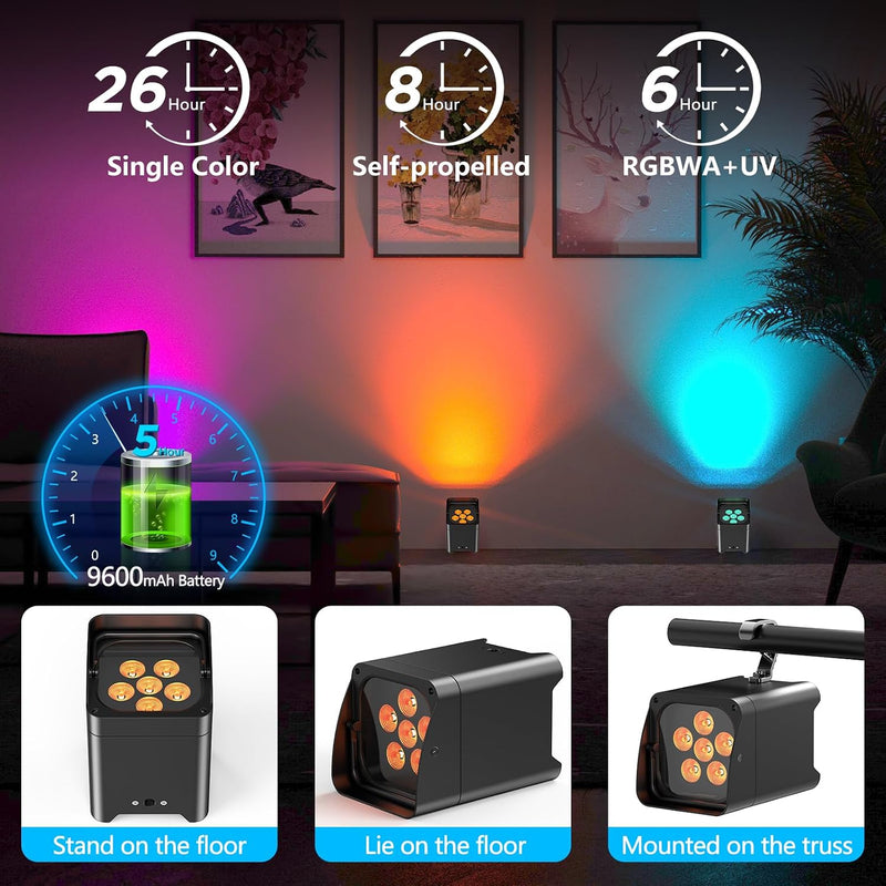108W LED Par Uplighter Wireless Rgbwa+UV Mah Rechargeable