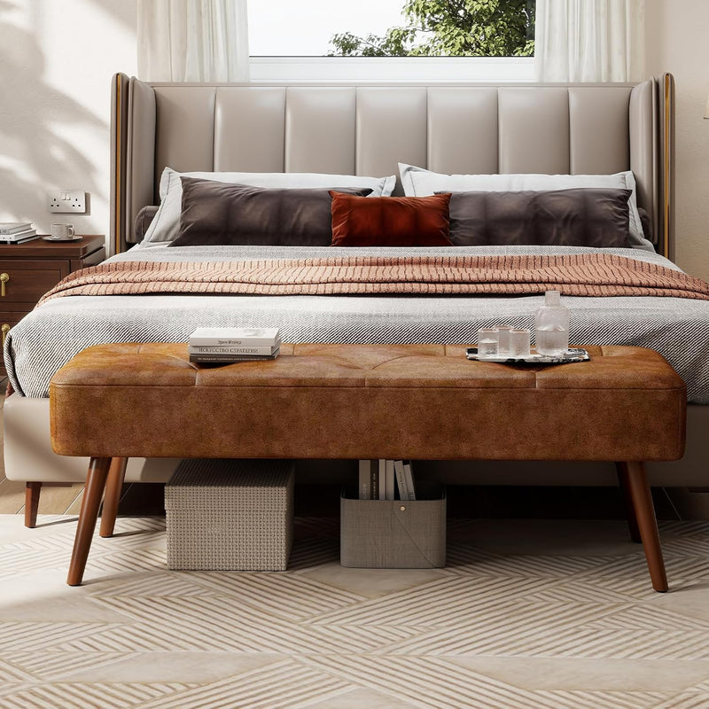112CM Tufted Faux Leather Bench Modern End