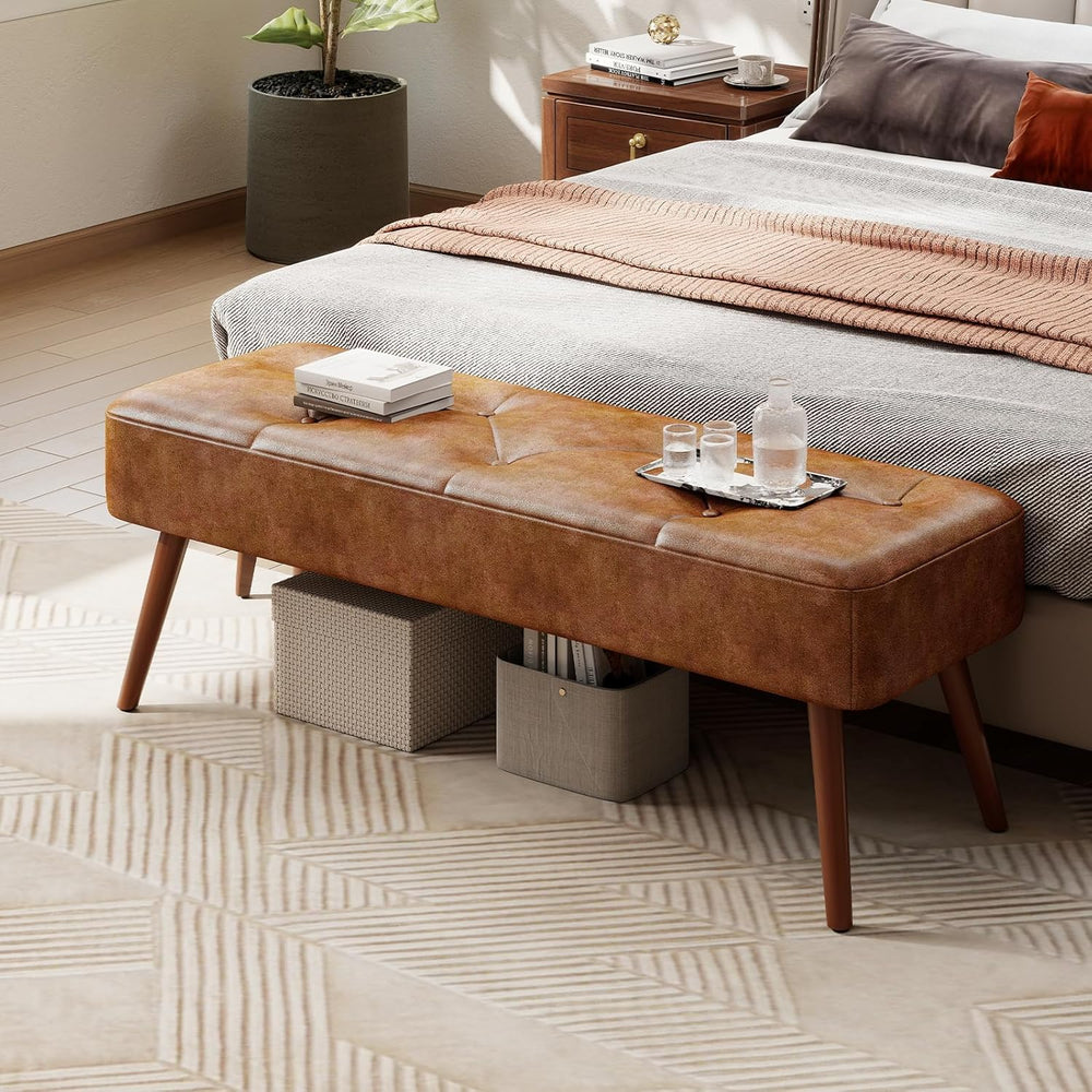 112CM Tufted Faux Leather Bench Modern End