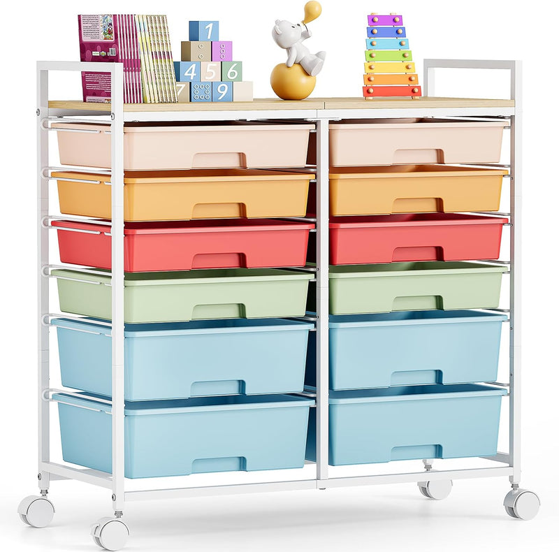 12-Drawer Craft Organiser Trolley Cart with Wooden Top