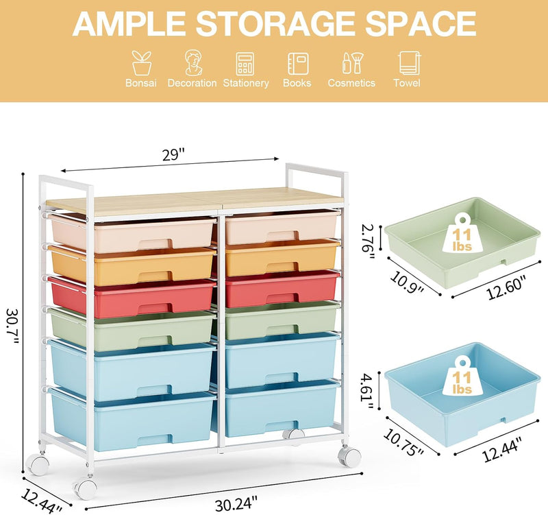 12-Drawer Craft Organiser Trolley Cart with Wooden Top