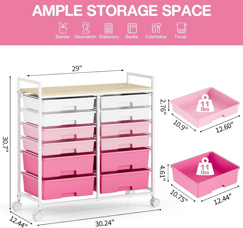 12-Drawer Craft Organiser Trolley Cart with Wooden Top