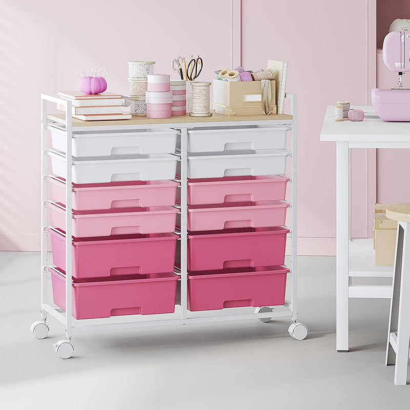 12-Drawer Craft Organiser Trolley Cart with Wooden Top