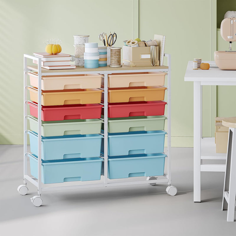 12-Drawer Craft Organiser Trolley Cart with Wooden Top