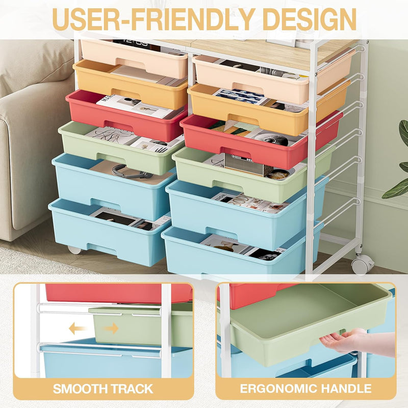 12-Drawer Craft Organiser Trolley Cart with Wooden Top