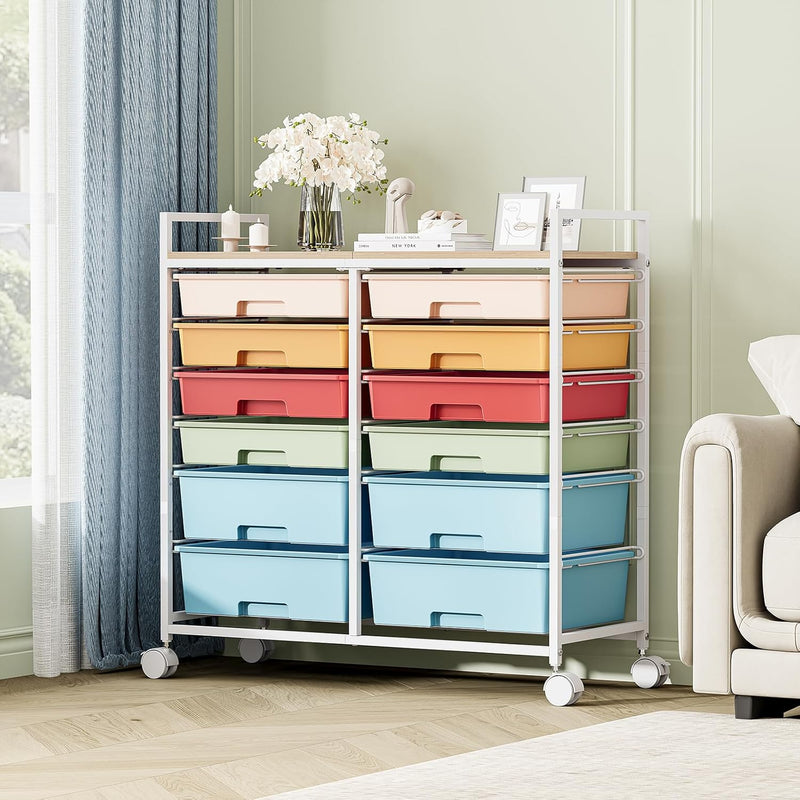 12-Drawer Craft Organiser Trolley Cart with Wooden Top