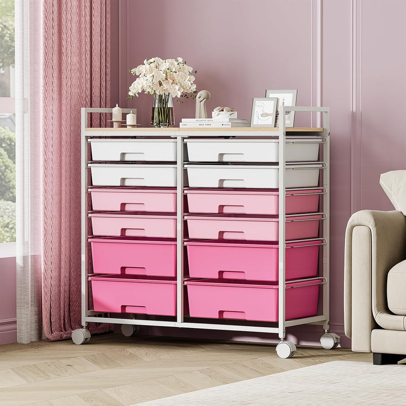 12-Drawer Craft Organiser Trolley Cart with Wooden Top