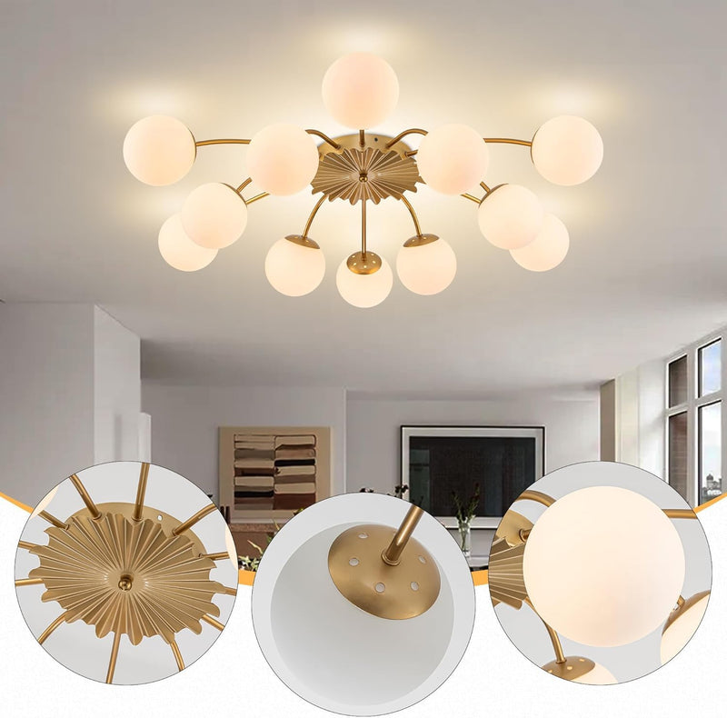 12-Light Modern Brass Ceiling Light Glass Globe Chandelier