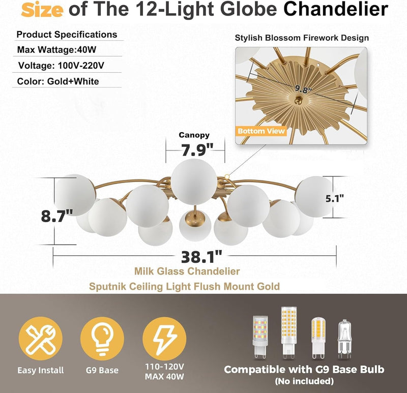 12-Light Modern Brass Ceiling Light Glass Globe Chandelier