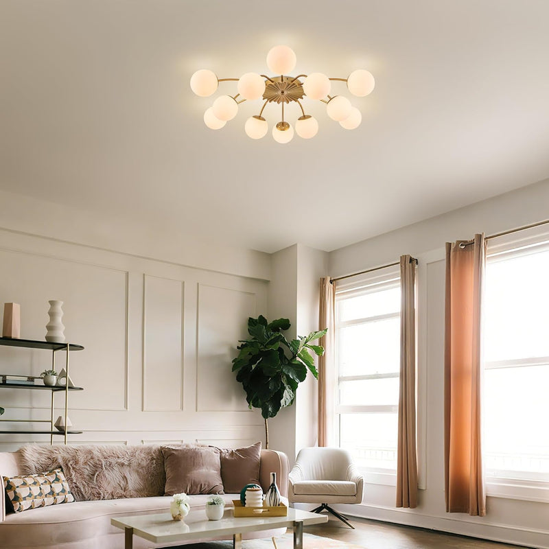12-Light Modern Brass Ceiling Light Glass Globe Chandelier