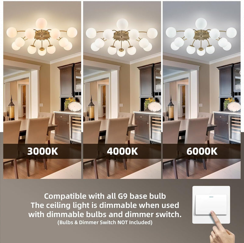12-Light Modern Brass Ceiling Light Glass Globe Chandelier