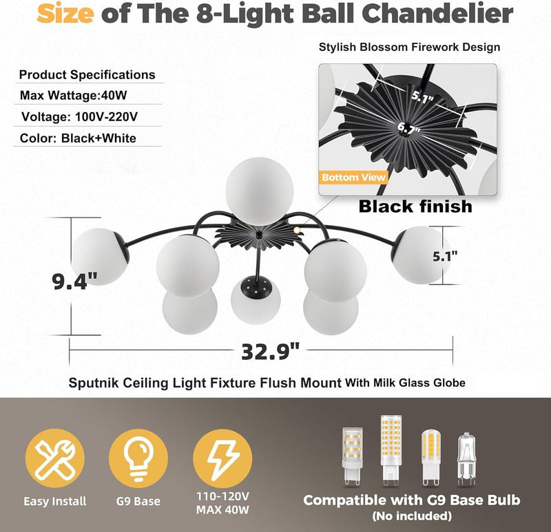 12-Light Modern Brass Ceiling Light Glass Globe Chandelier