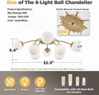 12-Light Modern Brass Ceiling Light Glass Globe Chandelier