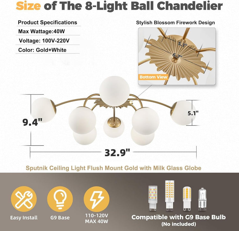 12-Light Modern Brass Ceiling Light Glass Globe Chandelier