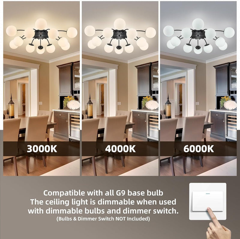 12-Light Modern Brass Ceiling Light Glass Globe Chandelier