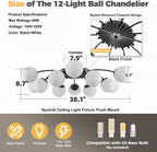 12-Light Modern Brass Ceiling Light Glass Globe Chandelier