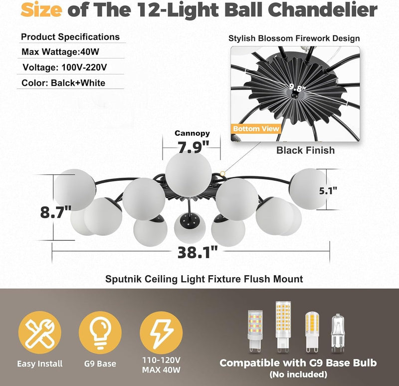 12-Light Modern Brass Ceiling Light Glass Globe Chandelier