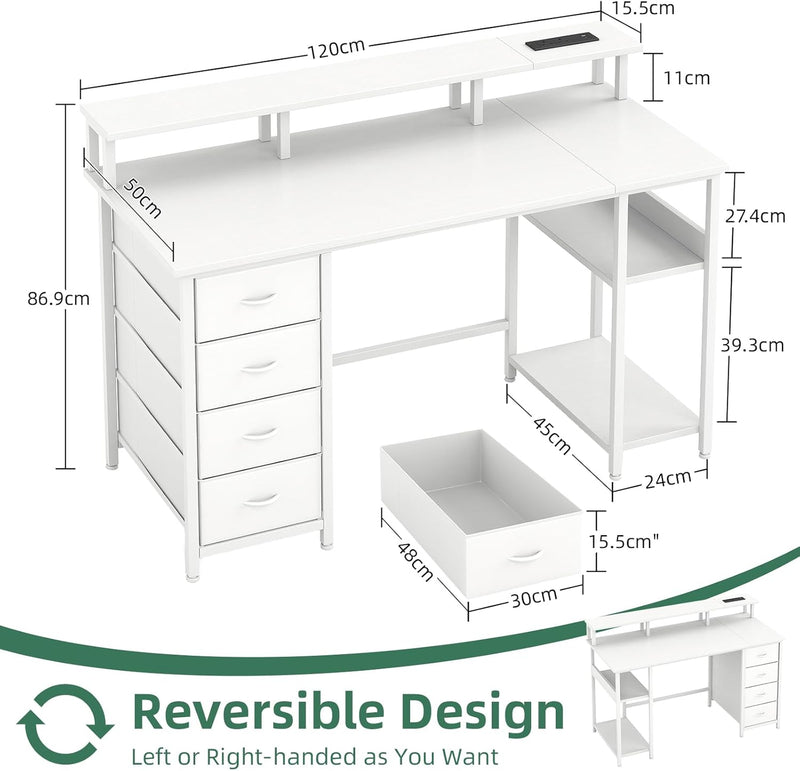 120CM Computer Desk with 4 Drawers Power Outlets