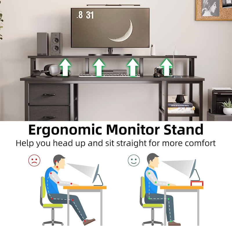 120CM Computer Desk with 4 Drawers Power Outlets