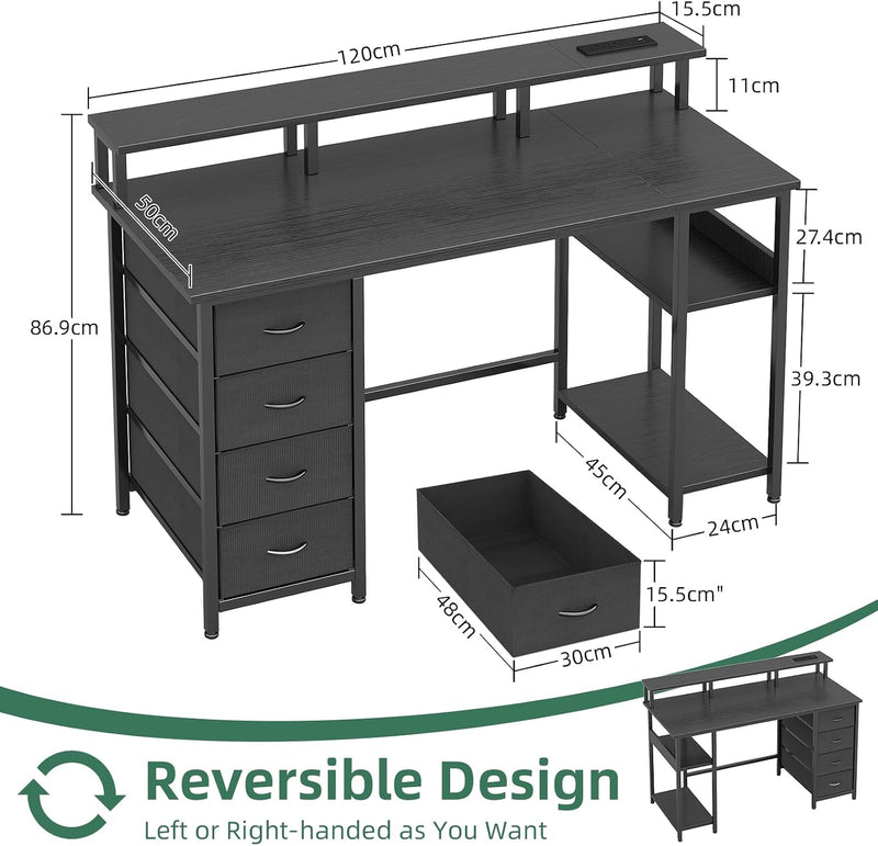 120CM Computer Desk with 4 Drawers Power Outlets