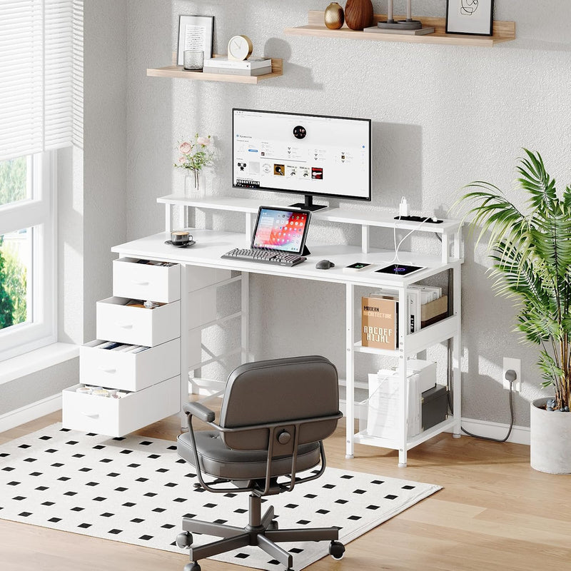 120CM Computer Desk with 4 Drawers Power Outlets