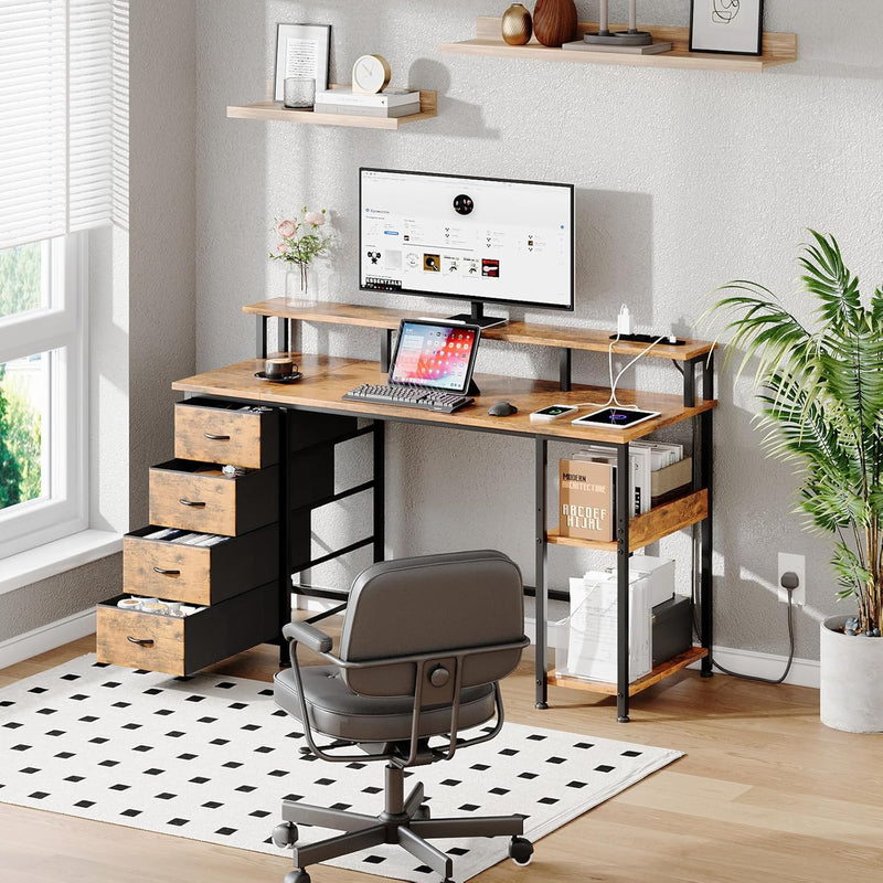 120CM Computer Desk with 4 Drawers Power Outlets