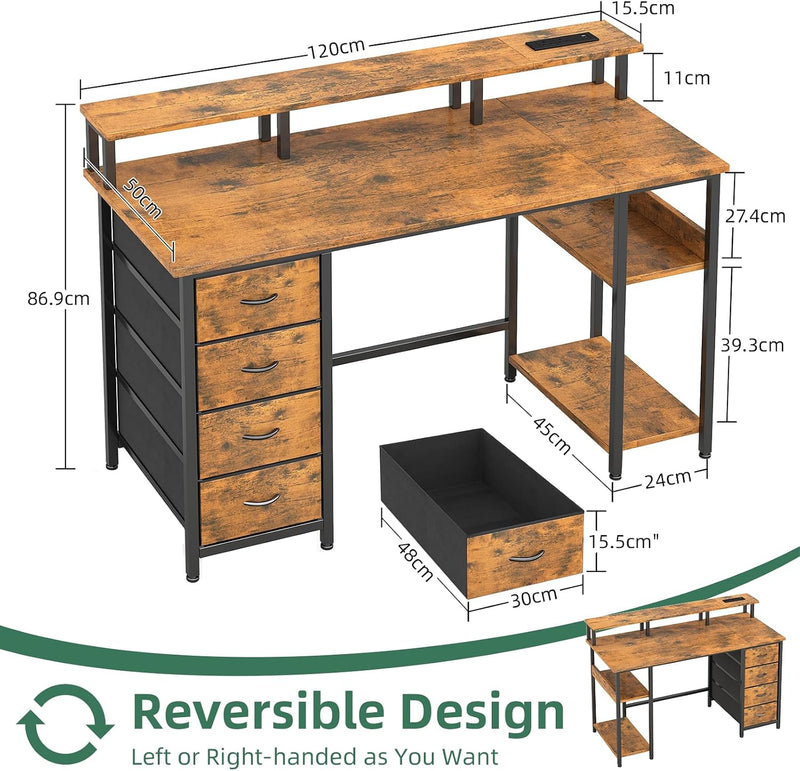 120CM Computer Desk with 4 Drawers Power Outlets