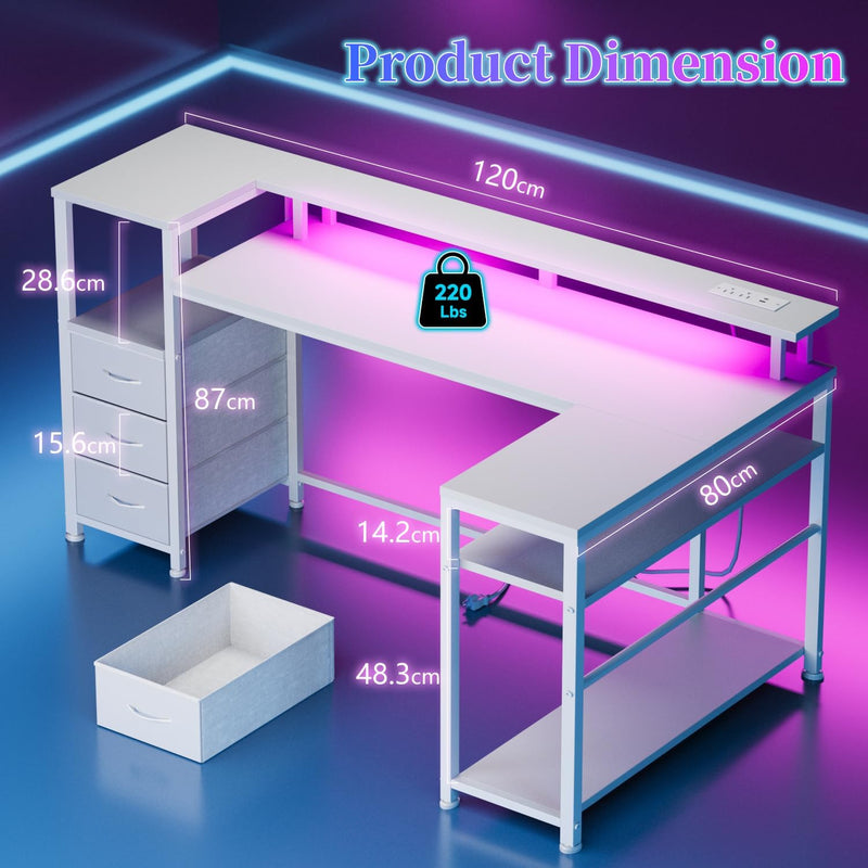 120CM Corner Desk with 3 Drawers Power Outlets