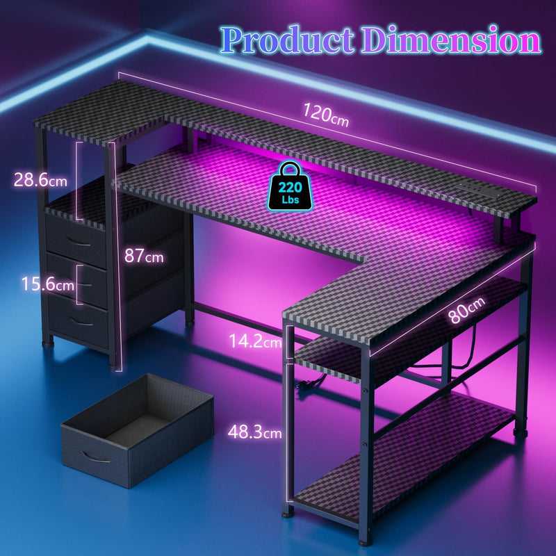 120CM Corner Desk with 3 Drawers Power Outlets
