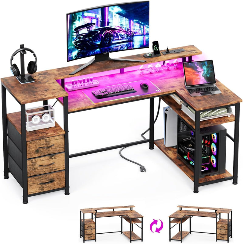 120CM Corner Desk with 3 Drawers Power Outlets