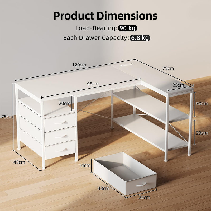 120CM Corner Desk with Drawers Reversible L Shaped
