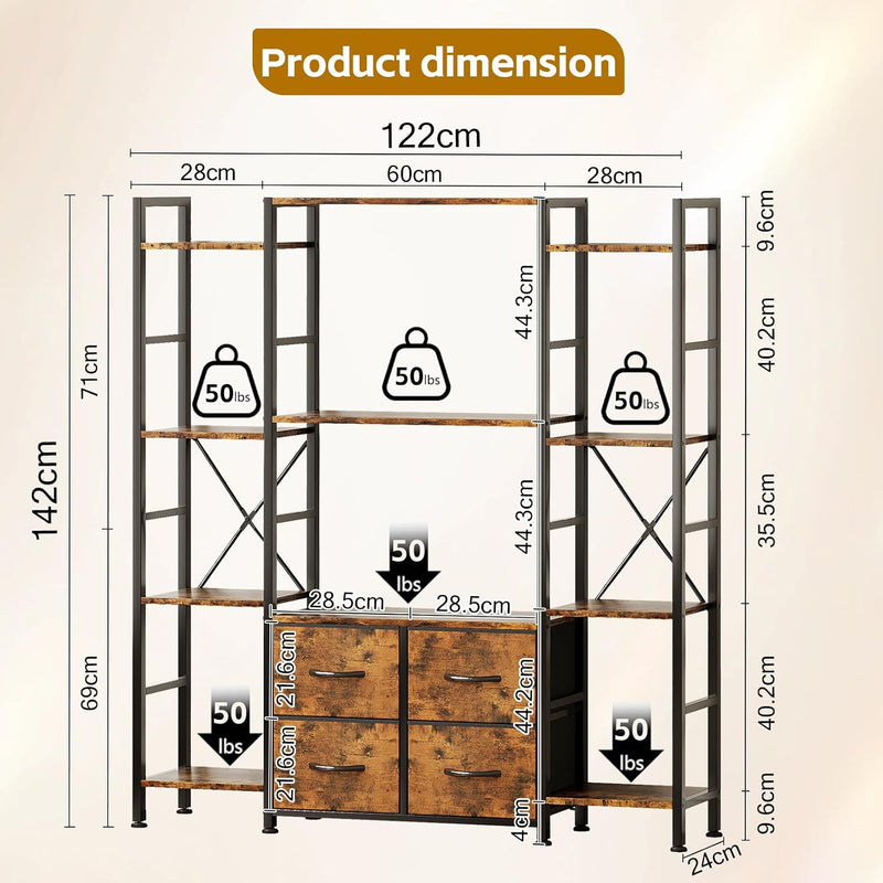 120W X142h Cm Triple Book Shelf 4 Tier