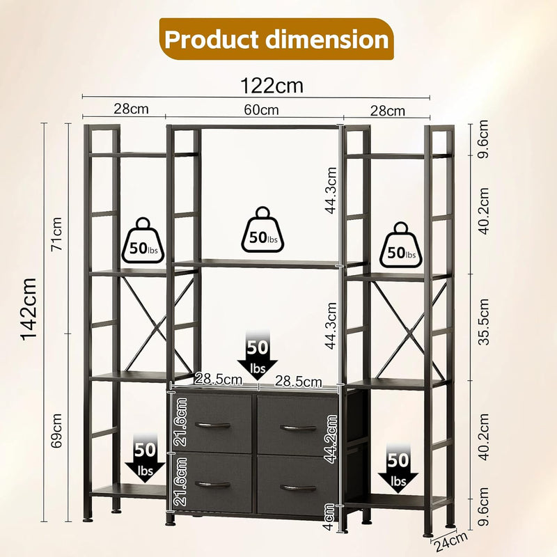 120W X142h Cm Triple Book Shelf 4 Tier