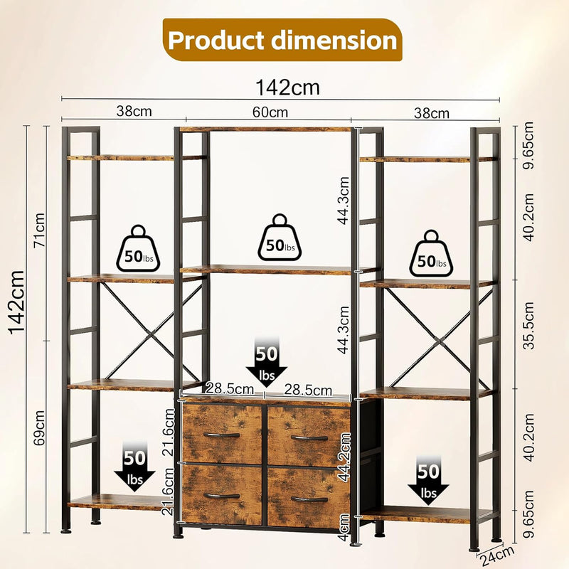 120W X142h Cm Triple Book Shelf 4 Tier