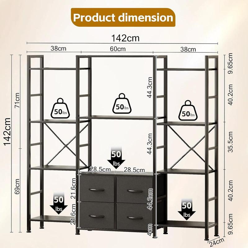 120W X142h Cm Triple Book Shelf 4 Tier