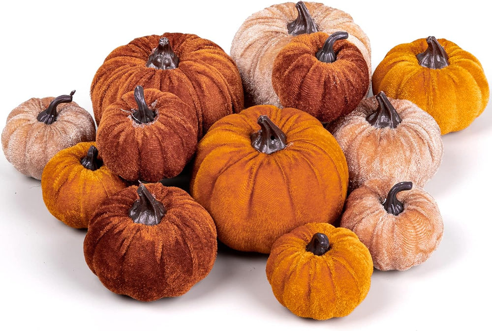 12pcs Fall Artificial Pumpkins 3 Sizes Fake Velvet