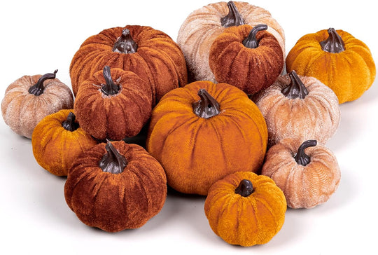 12pcs Fall Artificial Pumpkins 3 Sizes Fake Velvet